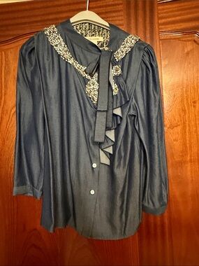 Marc Jacobs Navy Jewel-Collar Ruffle Tie Blouse